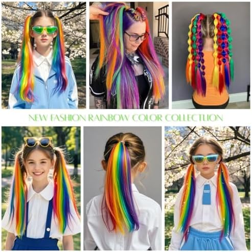 Rainbow Ponytail Extensions, Ponytail Hair Tinsel Extension with Tie Girls Accessories for Daily Party Festival Use Halloween Wacky Hair Braiding for Women Ponytail Hair Pieces 2pcs/lot - Image 4
