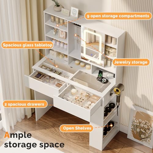 VINGLI Vanity Desk with Sliding Mirror and Lights, Glass Top Makeup Vanity Table w/Shelves & Hidden Jewelry Storage & Power Outlets & Hairdryer Holder,54in White Dressing Table Gifts Girls - Image 4