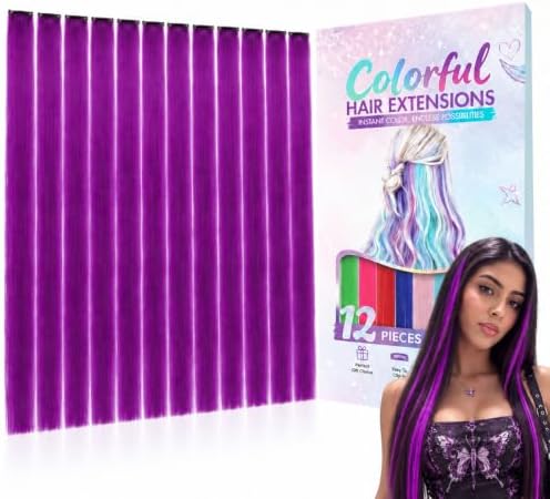 Purple Colored Clip in Hair Extensions, Synthetic Hair for Girls by KRALER