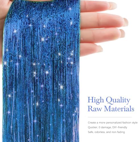 Hair Tinsel 8 Packs 1600 Strands 50 Inch Tinsel Hair Extensions Sapphire Blue Heat Resistant Glitter Sparkling Shinny Fairy Hair Accessories for Women(Sapphire blue, 50Inch) - Image 2