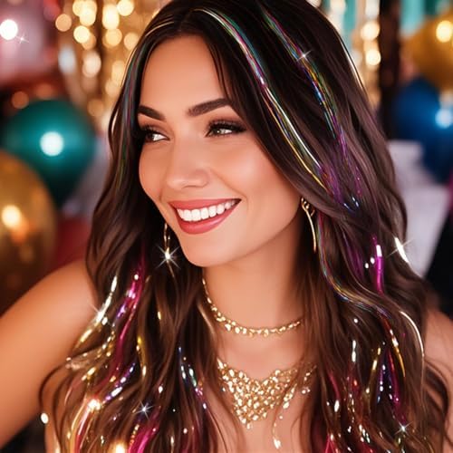 NIACONN Glitter Hair Tinsel Extensions Kit Rainbow Color with Tools and Beads, 48 Inch Sparkly Fairy Colorful Tensile Strands Shiny Hair Accessories for Women Girls Kids - Image 5