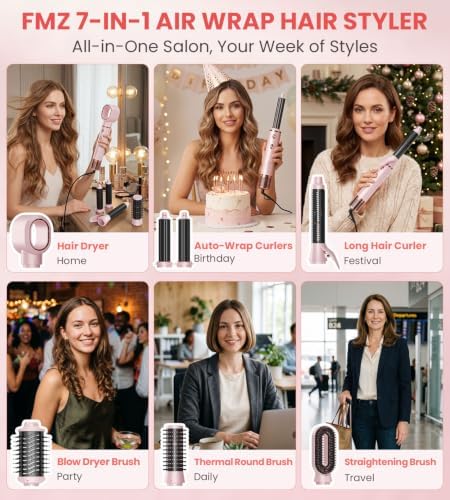 FMZ 7-in-1 Air Wrap Hair Styler, Ionic Blow Dryer Brush & Curler - Image 2