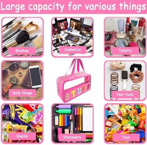 Bunliuys Chenille Letter Clear Makeup Bag Stuff Patch, Travel Toiletry Makeup Bag with Handle, Nylon Waterproof Makeup Bags clear cosmetic bag, preppy patch makeup bag for Women (STUFF-Hot Pink) - Image 5