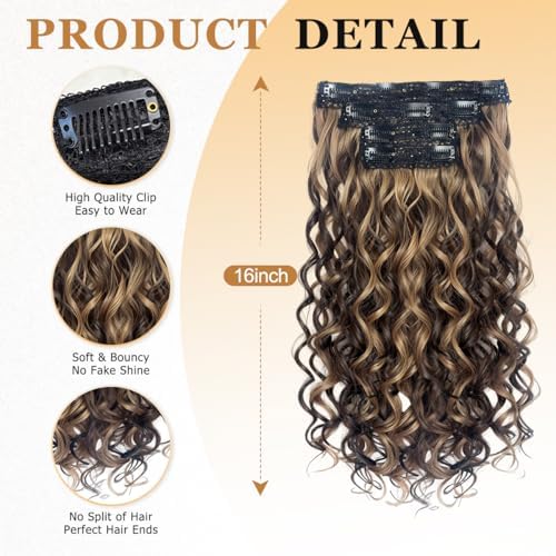 Vigorous Curly Clip In Hair Extensions,4PCS 16 inch Thick Curly Hair Extensions Lace Weft Clip Ins Invisible Natural Synthetic Hairpieces for Women,Chocolate Brown with Highlights(6H12) - Image 3