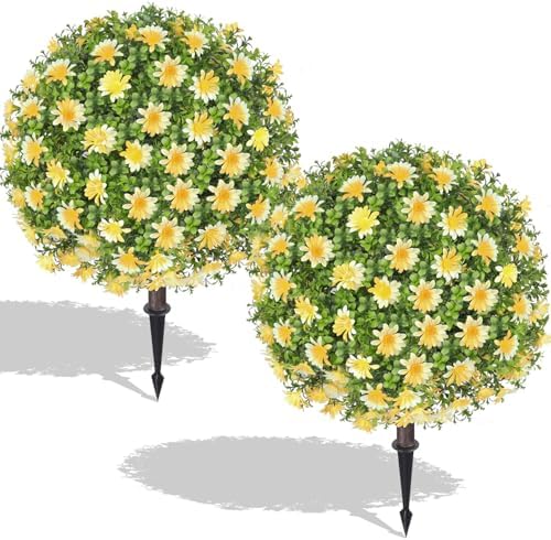 Artificial Yellow Boxwood Topiary Ball Tree with Ground Spike, Set of 2 Fake Fall Boxwood Bushes Shrubs Outdoor, UV Resistant Faux Greenery Trees Ball for Outdoor Front Porch Garden Decor by Unknown