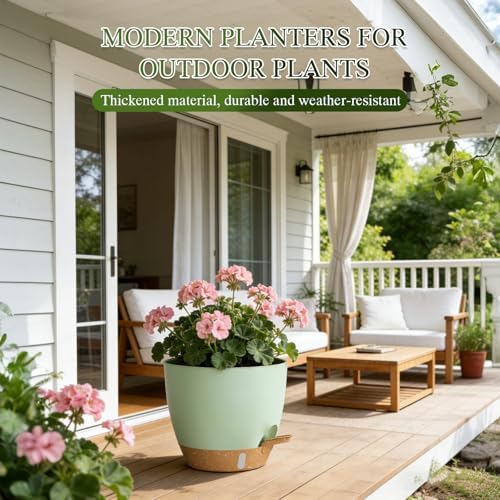 Self Watering Pots with Drainage Holes, 2 Pack 8 Inch Plant Pots with Water Level Indicator Deep Reservoir, Large Plastic Planter for Indoor Outdoor Plants - Green Brown - Image 6