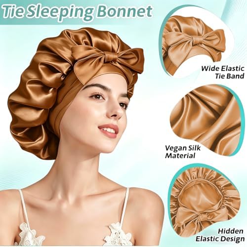 VECIIR Silk Bonnet for Sleeping Women，Hair Bonnet for Sleeping Silk Night Cap for Curly/Natural Hair Skin Khaki, Large - Image 5