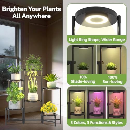 6 Tier Large Plant Stand with Grow Light, 10 Inch Tray, Black - Image 4