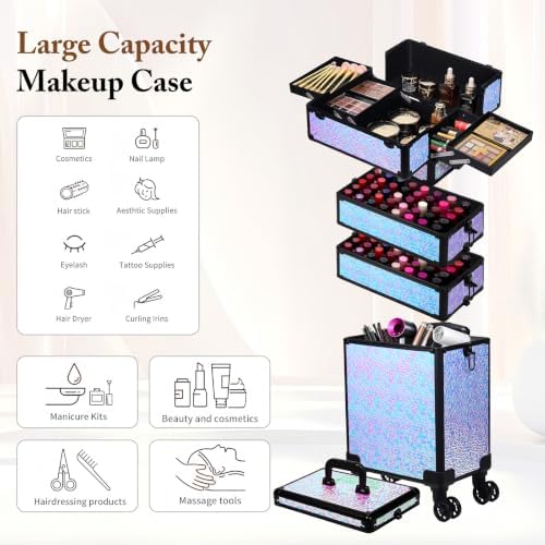 5 in 1 Rolling Makeup Train Case Professional Cosmetic Trolley Large Storage Organizer on Wheels for Hairstylist Artist Nail Beauty Salon Barber Shiny Purple - Image 3