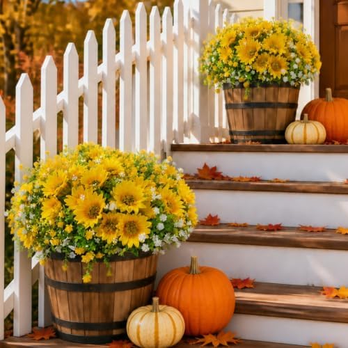 Fall Artificial Sunflowers Faux Mums Flowers Plants for Outdoor Decoration - Image 3