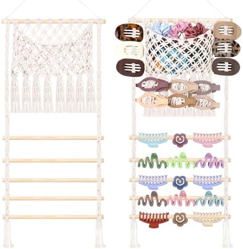 SNOWSTAR Macrame Hair Claw Clip Organizer,Large Capacity Mesh Bag Scrunchies Holder and Hair Ties Organizer for Women Girls,Hair Accessorie Hanging Storage Home Decor Wall,Door by WelcometoSNOWSTAR