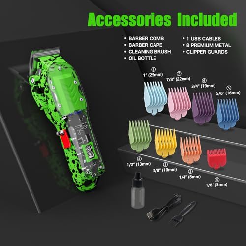 Professional Hair Clippers for Men, Cordless Barber kit for Hair Cutting & Grooming, Hair Clippers Set for Barber Haircut with LED Display 8 Fade Taper Combs(Green) - Image 3