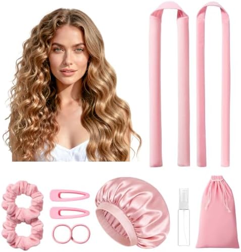 LitBear Heatless Curls Overnight, 2 Sizes of Soft Hair Rollers for Women with Bonnet to Sleep In, No Heat Hair Curlers Set with Scrunchies and Clips, for Long and Medium Hair (Pink) by LitBear