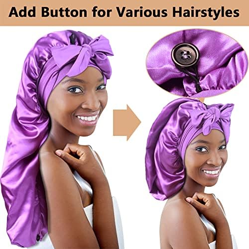 2pcs Long Satin Bonnets with Tie Band, Large Braid Bonnet Silky Hair Cap for Locs Women Sleeping, F - Image 3