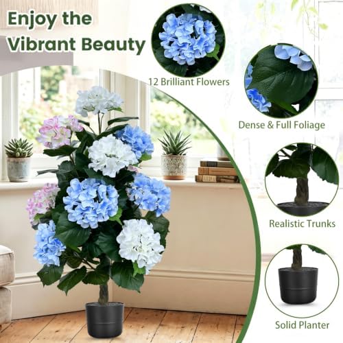 2 Pack 3FT Artificial Hydrangea Trees with Pots, Realistic Pink White Blue Faux Hydrangea Plants, UV Resistant Potted Flowering Tree for Indoor Living Room, Entryway, Front Porch, Patio & Garden Decor - Image 6
