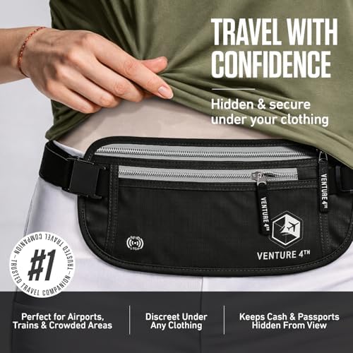 VENTURE 4TH Travel Money Belt, RFID Blocking Passport Holder - Black - Image 4