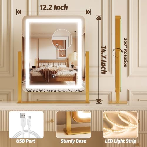 CraftCraze Makeup Mirror with Lights Vanity Mirror Dimmable|15"x13" Gold - Image 4