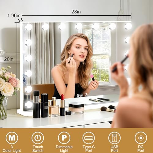 Moonee Vanity Mirror with Lights, Hollywood Lighted Makeup Mirror with 17 Dimmable Bulbs and 10X Magnification, 3 Colors Modes, Aluminum Metal Frame, Light Up Mirror for Tabletop/Wall（28" x 20"） - Image 2