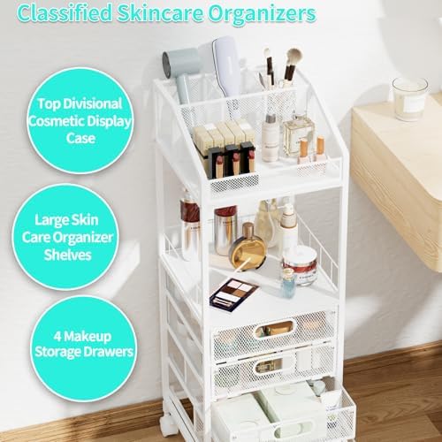 HapiRm Makeup Organizer Storage Cart - Floor Skincare Make Up Storage with 4 Drawers, Rolling Makeup Cart Vanity Organizer Cosmetics Display Cases Holder for Skin Care Perfume Nail Polish - Image 3