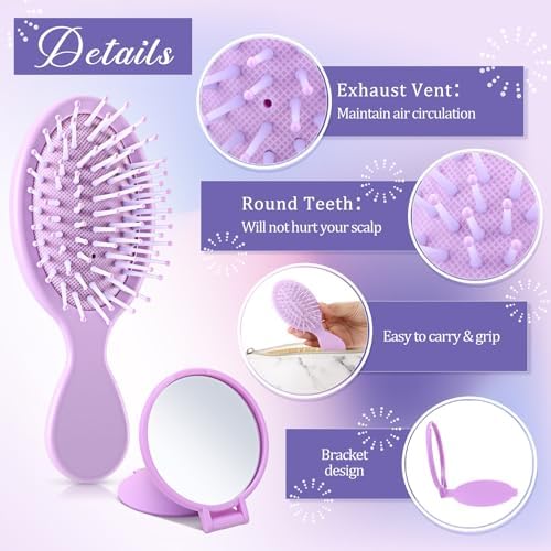 Meanplan 12 Pcs Mini Hair Brush Set Travel Wet Dry Hair Combs Pocket Detangling Compact Folding Makeup Mirrors for Spa Sleepover Birthday Bridal Shower Bachelorette Christmas Party Gift(Purple) - Image 3