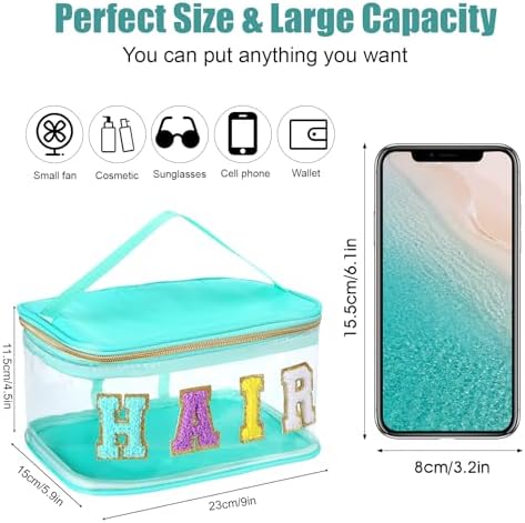 Chenille Letter Clear Makeup Bags Hair Pouch Preppy Patch Makeup Bag Zipper with Handle Transparent PVC Waterproof Glitter Cosmetic Handbag Travel Toiletry Storage for Women Girl Valentine's Day - Image 2