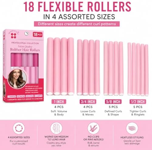 My Beauty Spot Flexi Rods Foam Hair Rollers 3/4" 5/8" and 1" Diameter Professional Salon Quality 18 Pcs Rubber Hair Rollers for Long, Medium and Short Hair (Pink) - Image 2