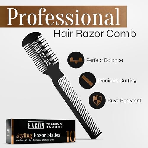 Facón Razor Comb for Hair Cutting - Professional Hair Cutting Comb Kit with 12 Replacement Blades, Double Edge Shaper for Salon & Home, Premium Styling Thinning Texturizing Split Ends Trimming Razor - Image 2