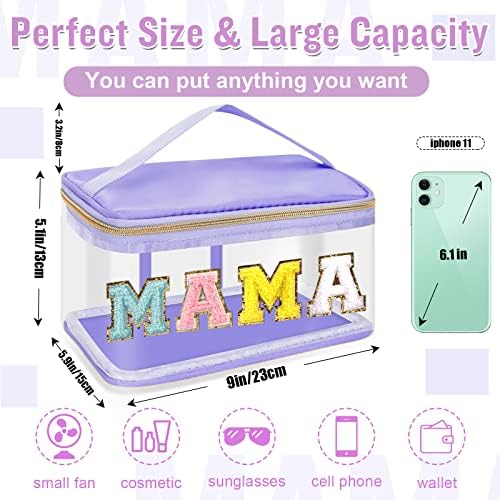 Chenille Letter Clear Makeup Bags Mama Pouch, Preppy Patch Makeup Bag Zipper with Handle, Transparent PVC & Nylon Waterproof Glitter Cosmetic Handbag Travel Toiletry Storage for Women(MAMA-Purple) - Image 2