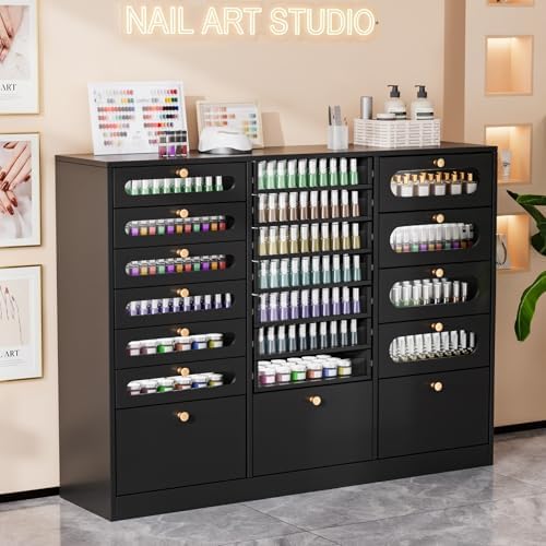 OmySalon Nail Polish Organizer Cabinet with Drawers, 47.2" L Large Nail Salon Storage for Polish & Powder, 7 Clear & 10 Visual Drawers, Wooden Beauty Salon Furniture (Black) - Image 2