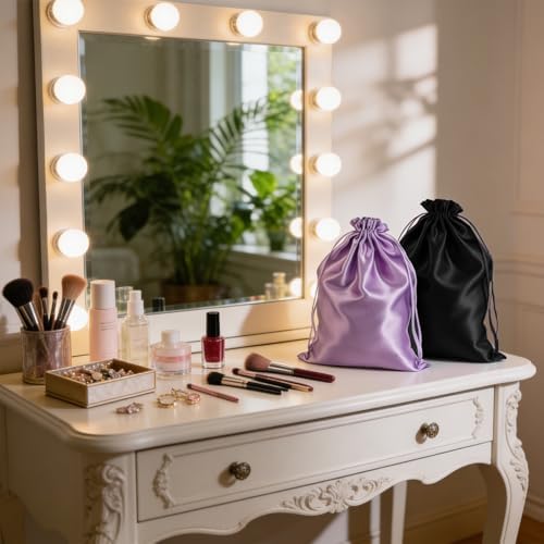 SynHHergyx Wig Storage Bags, 2 Pcs Silk Satin Drawstring Bags Portable Small Wig Travel Bag for Packaging Wigs, Bundles, Hair Extensions (Black, Purple) - Image 6
