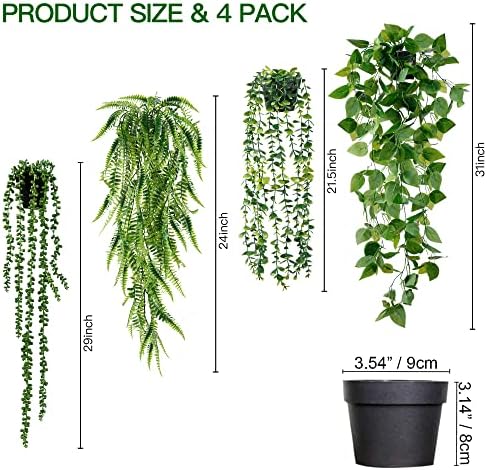 Sggvecsy Fake Hanging Plants 4 Pack Artificial Hanging Plants Fake Potted Greenery Faux Eucalyptus Vine String of Pearls Boston Fern Ivy Vine Leaves for Home Indoor Outdoor Shelf Wall Garden Decor - Image 5