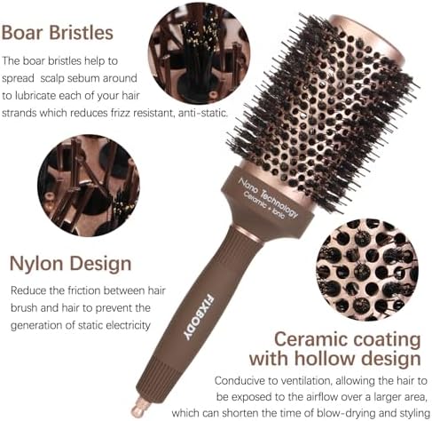 FIXBODY Hair Brush, Round Brush for Blow Drying, Curling, Styling, Nano Thermal Ceramic & Ionic Tech, Boar Bristle, 3.3 inch, 2 inch Barrel, for Women, Volume & Shine, Brown, Hair Brush for Thick Hair - Image 3