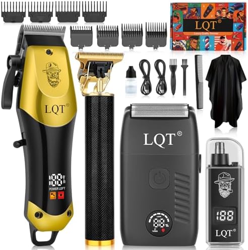 Hair Clippers for Men, with LED Display 4-Piece Cordless Grooming Kit with Hair Clipper, Beard Trimmer, Foil Shaver & Nose Trimmer, Complete Rechargeable Set for Home Barber Use (Black Gold) by LQT