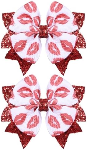 Glitter Valentines Hair Bows 2pcs 3.5" Red Lip Ribbon Dressy Bow Alligator Clips for Toddler Teen Girls Women Valentine Wedding Party outfit Decor Accessory Birthday Favor Gift by KCHIES-AccessoryCollection