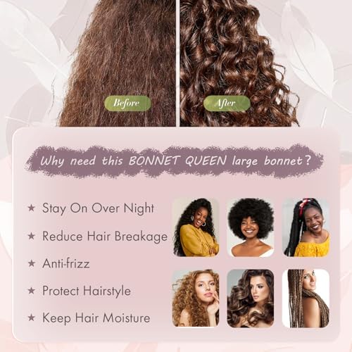 BONNET QUEEN XL Large Silk Bonnet for Sleeping for Women Big Satin Bonnet Night Cap for Curly Hai rwith Tie Band, Single Layer, Large, Rose Gold - Image 5
