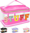 Chenille Letter Clear Makeup Bags Stuff Pouch, Preppy Patch Makeup Bag Zipper with Handle, Transparent PVC & Nylon Waterproof Glitter Cosmetic Handbag Travel Toiletry Storage for Women(STUFF-Rose) by izuzta