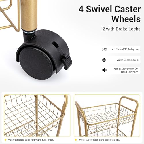 3 Tier Rolling Utility Cart, Storage Trolley Service Cart with Wheels Easy Assembly for Kitchen, Living Room, Office, Salon, Gold - Image 5