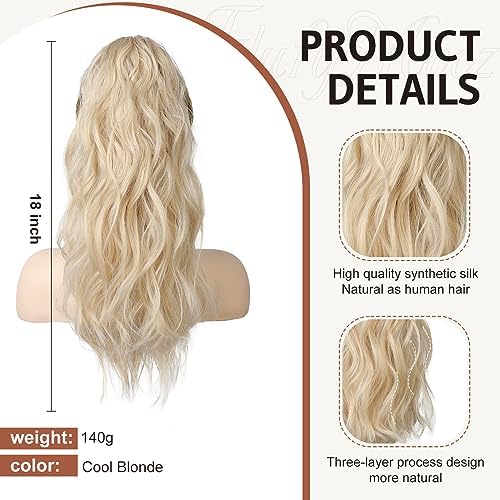 Flufymooz Ponytail Extension, 18 Inch Claw Clip Ponytail Extension, Wavy Curly Claw Clip in Ponytail Hair Extensions, Natural Fake Ponytail Synthetic Hairpiece for Women (Cool Blonde) - Image 2