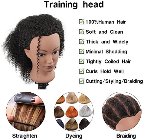 100% Human Hair Mannequin Head Kinky Curly Head Mannequin Real Hair Cosmetology Doll Head for Hair-styling Practice Manikin Training Head With Clamp Stand - Image 2