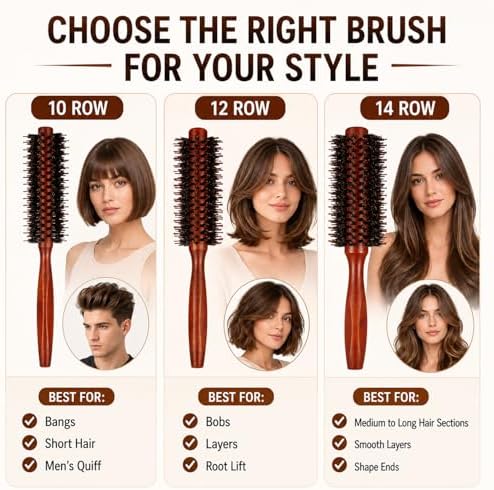 Boao 3 Pack Boar Bristle Round Hair Brushes Wooden Small Medium Large Set - Image 4