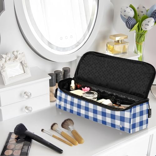 Blue Plaid Check Hair Tools Travel Bag Portable Carrying Case with Heat Resistant Mat Travel Organizer Pouch for Curling Iron Flat Irons Hair Dryer - Image 7