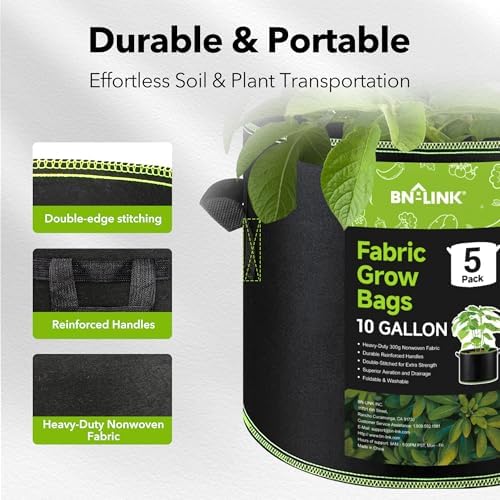 BN-LINK 5-Pack 10 Gallon Grow Bags, Heavy Duty Aeration Fabric Pots with Handles, Thickened Nonwoven Plant Bags for Vegetables, Flowers, Fruits - Image 3