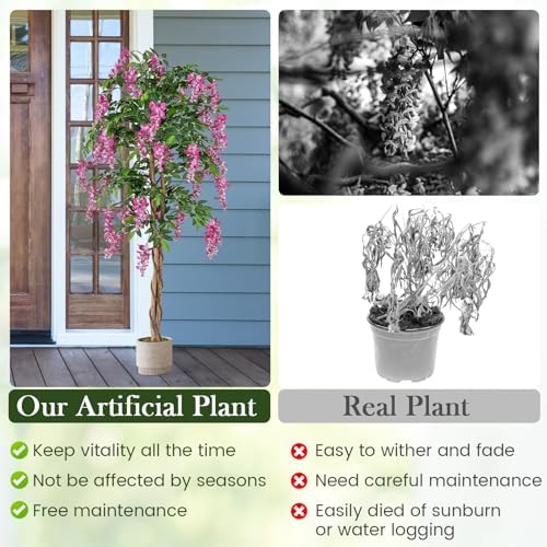 Goplus 5.5FT Ficus Artificial Tree, 2 Pack Faux Wisteria Tree in Nursery Pot with Blooming Flowers, Fake Potted Tree Greenery Floor Plant for Indoor Home Office Porch Living Room Decor - Image 6
