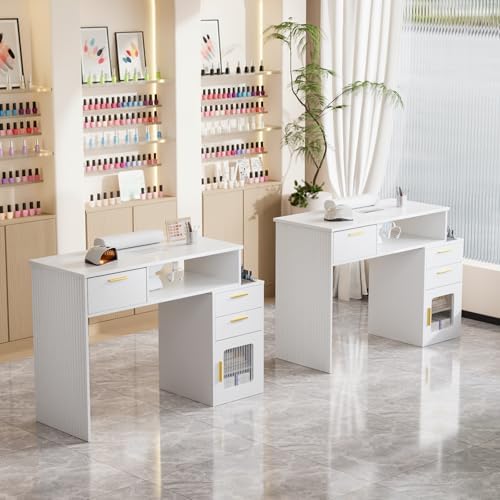 OmySalon Nail Desk with Ribbed Design & Electric Dust Collector - Nail Tech Station with Storage Drawer, Fluted Glass Cabinet & Wrist Cushion for Home Salon & Spa (White) - Image 7