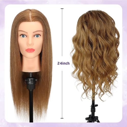 Mannequin Head Human Hair - Cosmetology Manikin Doll Head with 100% Real Hair for Hairdresser Practice Styling Braiding & Free Clamp Holder (Light Brown) - Image 4