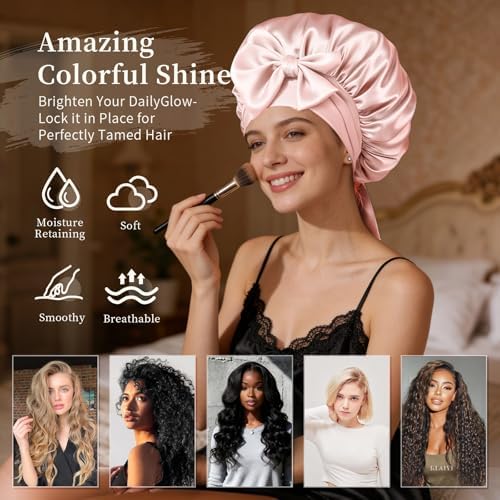 Silk Bonnet for Women, Satin Bonnet for Sleeping, Large Sleep Cap with Elastic Tie Band for Curly Hair, Blush Pink - Image 6