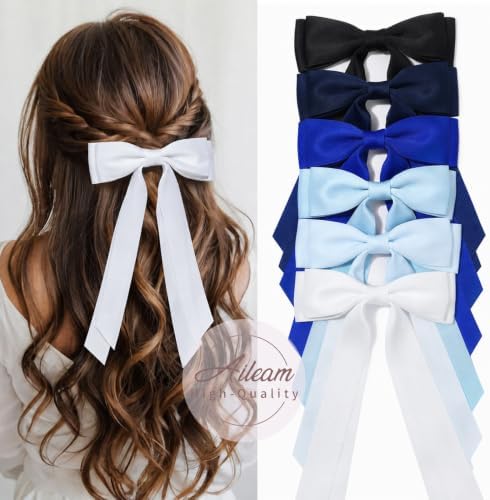 6PCS Blue Tone Hair Bows, Large Ribbon Bow Hair Clips for Girls Women Cute Ponytail Holder Accessories for Toddlers Kids Teens - Image 6