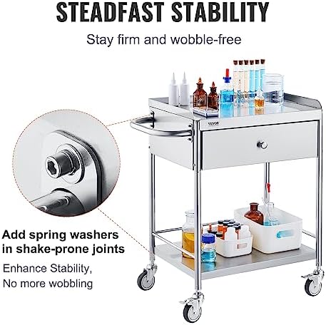 VEVOR Stainless Steel Utility Cart with Wheels - Medical/Dental Lab Cart - 2 Shelves/1 Drawer - Image 3