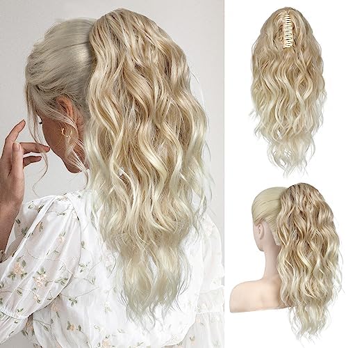 Flufymooz Ponytail Extension, 18 Inch Claw Clip Ponytail Extension, Wavy Curly Claw Clip in Ponytail Hair Extensions, Natural Fake Ponytail Synthetic Hairpiece for Women (Dark Blonde to Light Blonde) by Flufymooz
