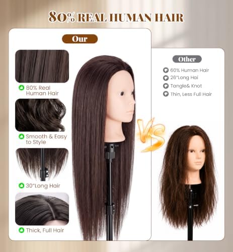30" Human Hair Makeup Mannequin Head with Tripod Stand for Hair Styling - Image 3